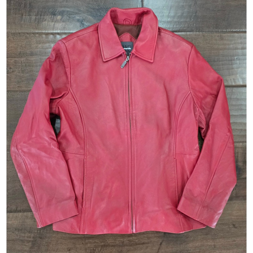 Y2K Minimalist Biker Buttery Soft Red Leather Jacket Zip Front Point Collar L